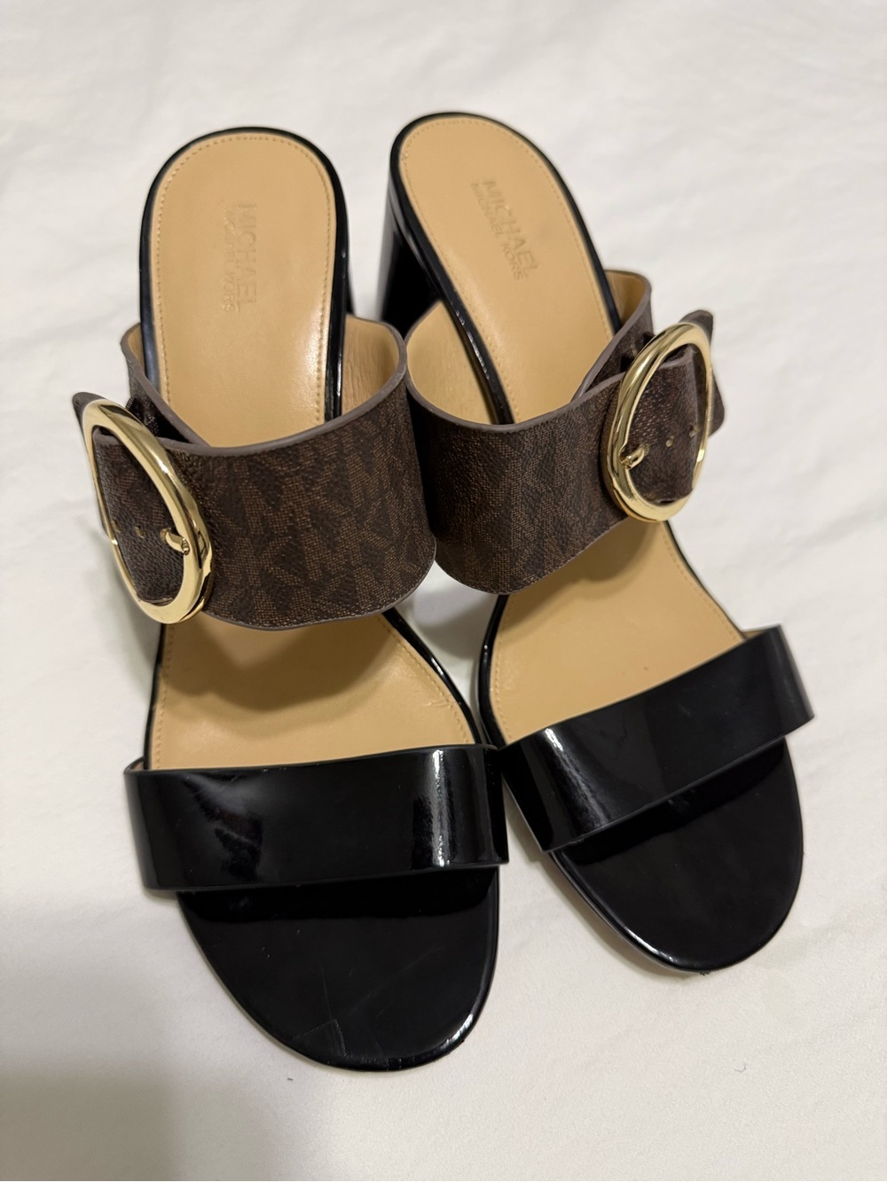 Michael Kors Black Patent & Brown Logo Buckle Slide Heels